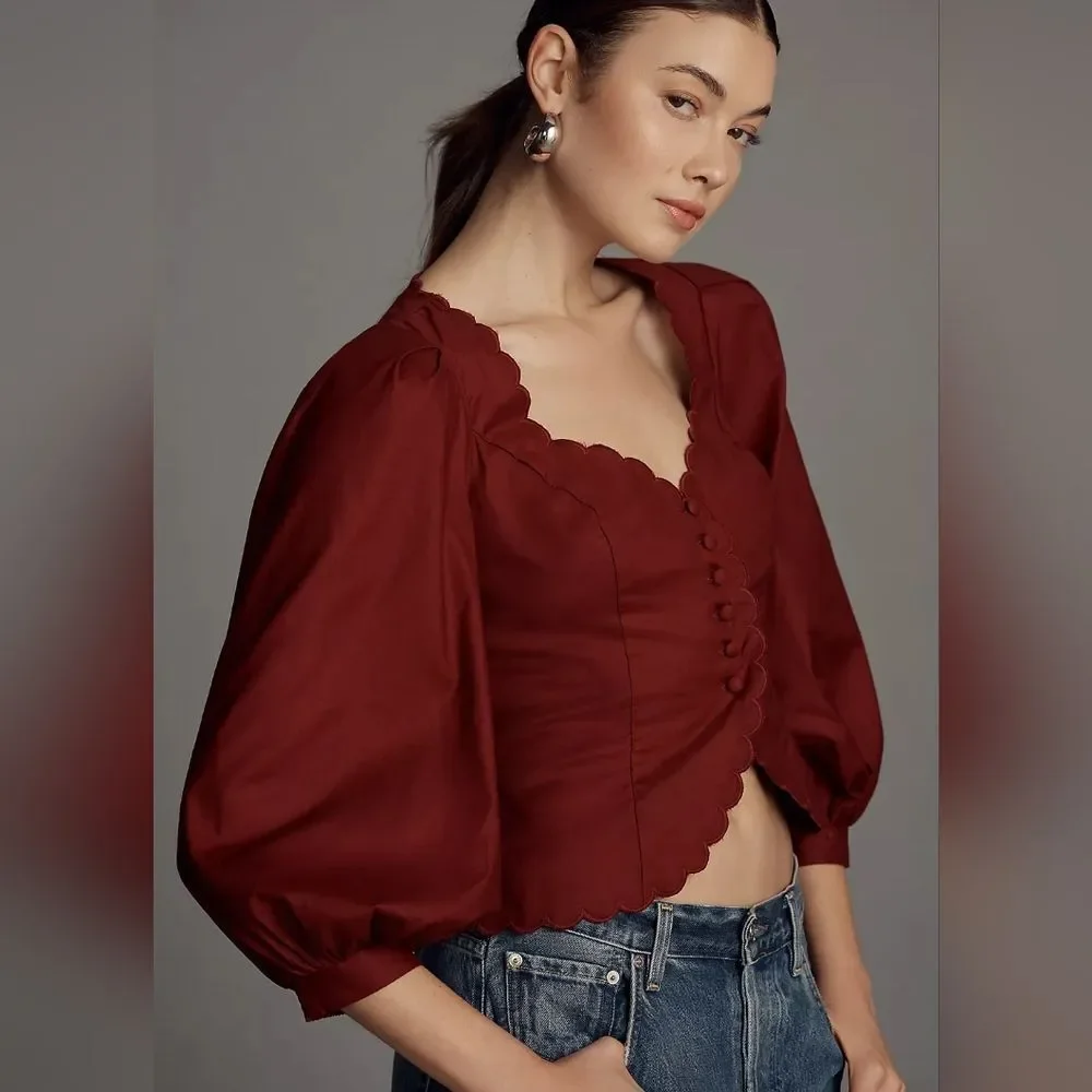 Reformation Elianna Burgundy Scalloped Button Blouse size 10 T2